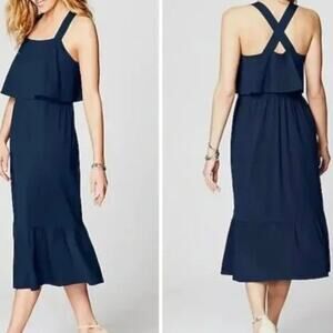 New J. Jill Everyday Cross-Strap Dress Navy Blue Sz L Tall Tiered Maxi